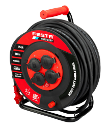 Predl�ovac� k�bel na bubne 50 m, 4 z�suvky, guma-neopr�n, IP44, 230 V, 2,5 mm2