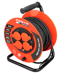 Predl�ovac� k�bel na bubne 25 m, 4 z�suvky, guma, IP44, 230 V, 1,5 mm2