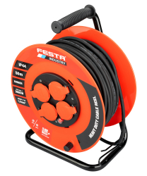 Predl�ovac� k�bel na bubne 50 m, 4 z�suvky, guma, IP44, 230 V, 1,5 mm2